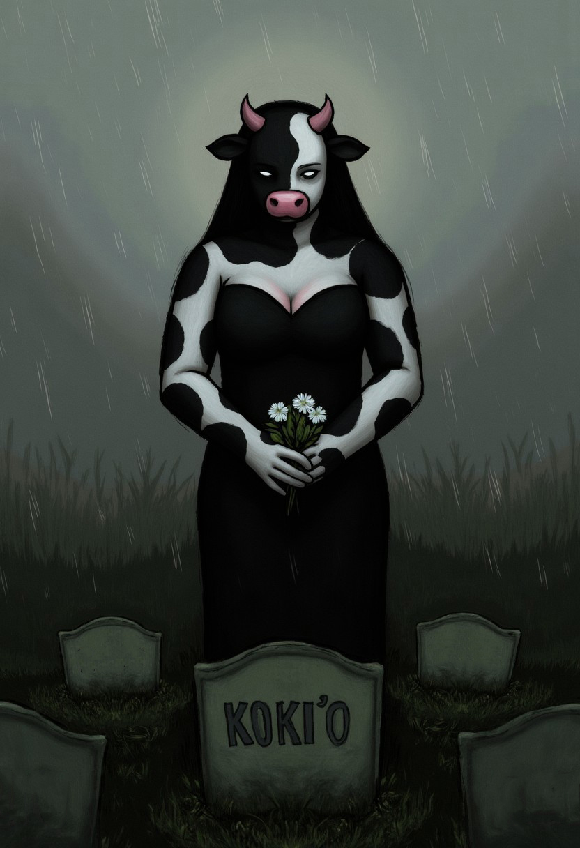 This is a digital painting by Luke Chueh featuring a stylized, anthropomorphic busty cow woman with classic black-and-white patterned cow skin, standing before a gravestone with the phrase "KOKI'O" carved into it. She wears a completely black funeral dress with a plunging neckline a small black see-through veil in front of her face.
She holds a small bouquet of white flower in front of her body with both hands. The overall mood of the picture is sad and mourning, with a slight rain falling on the overcast out-of-focus graveyard background.