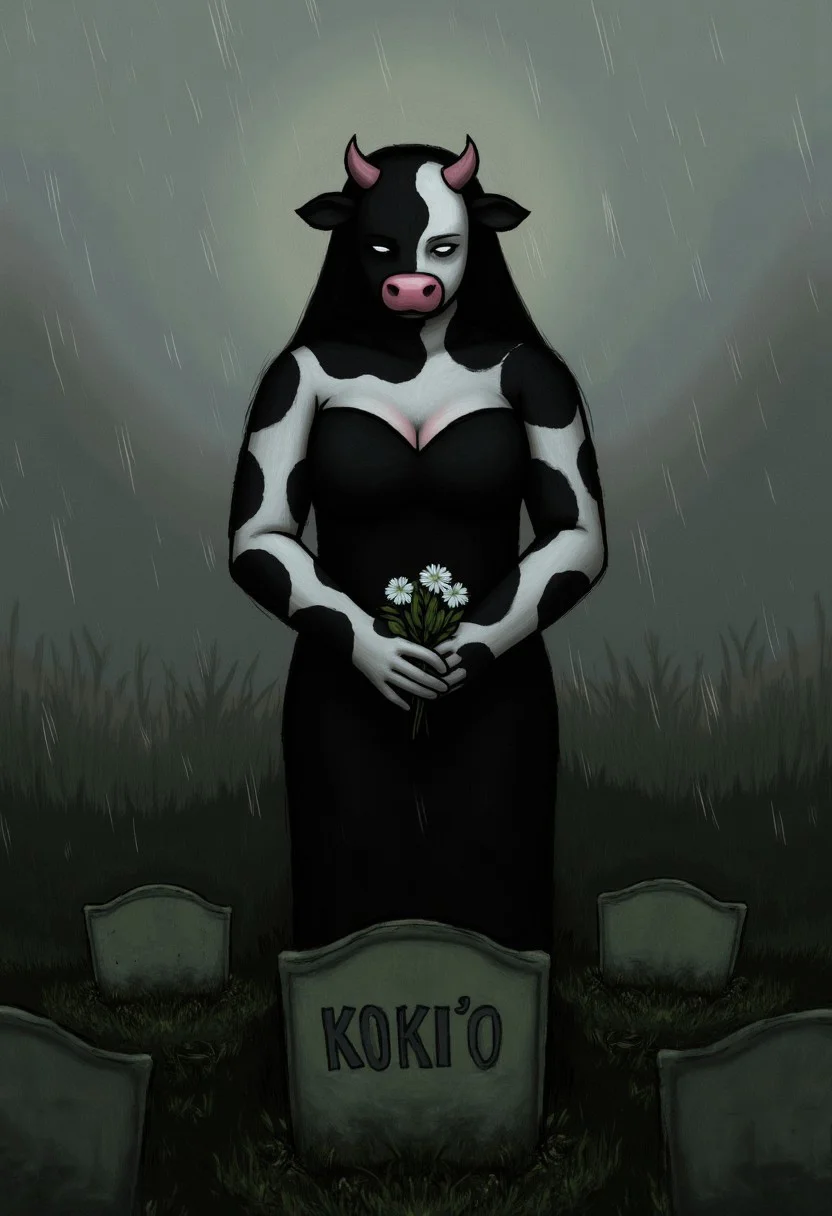 This is a digital painting by Luke Chueh featuring a stylized, anthropomorphic busty cow woman with classic black-and-white patterned cow skin, standing before a gravestone with the phrase "KOKI'O" carved into it. She wears a completely black funeral dress with a plunging neckline a small black see-through veil in front of her face.
She holds a small bouquet of white flower in front of her body with both hands. The overall mood of the picture is sad and mourning, with a slight rain falling on the overcast out-of-focus graveyard background.