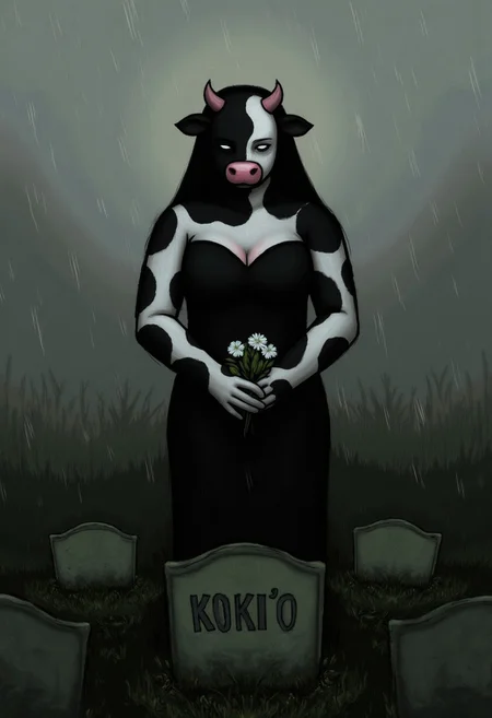 This is a digital painting by Luke Chueh featuring a stylized, anthropomorphic busty cow woman with classic black-and-white patterned cow skin, standing before a gravestone with the phrase "KOKI'O" carved into it. She wears a completely black funeral dress with a plunging neckline a small black see-through veil in front of her face.
She holds a small bouquet of white flower in front of her body with both hands. The overall mood of the picture is sad and mourning, with a slight rain falling on the overcast out-of-focus graveyard background.