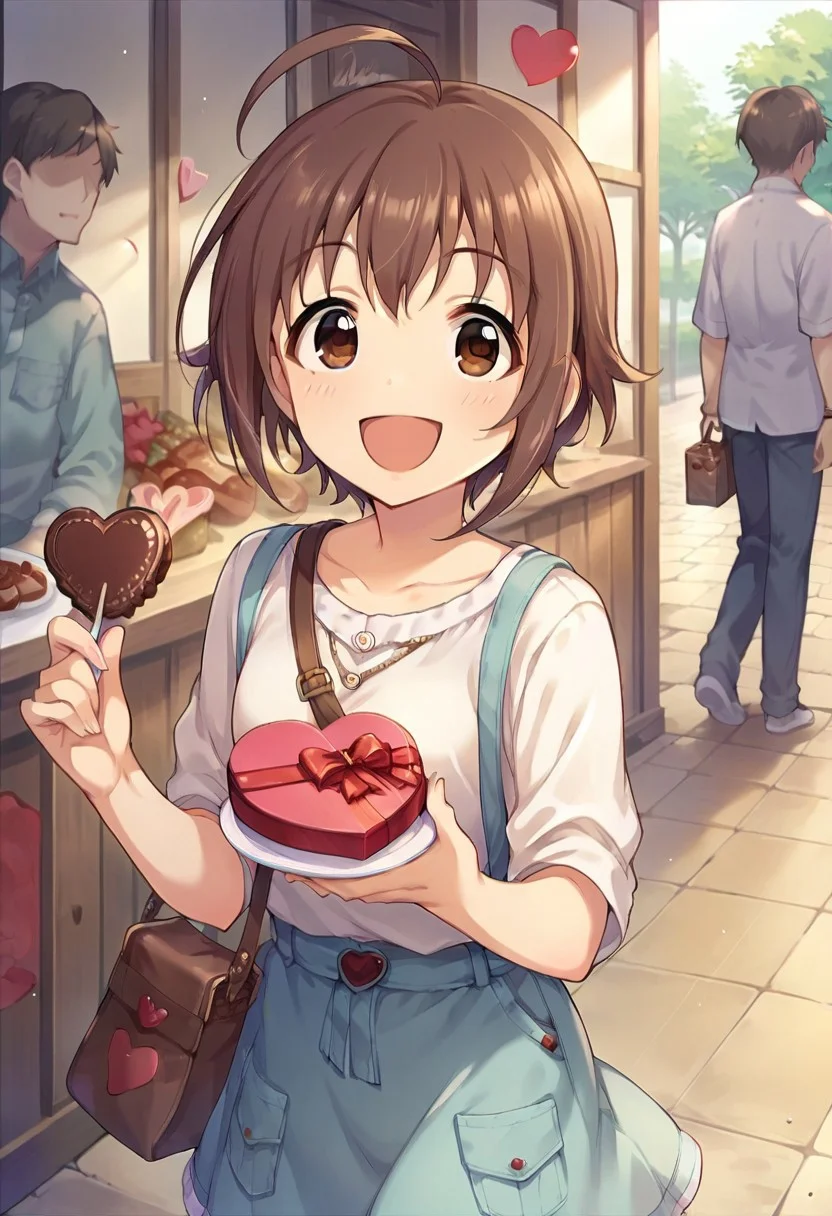 score_9, score_8_up, score_7_up, source_anime,wakiyama tamami, short hair, ahoge, brown hair, brown eyes, 1girl, smile, valentine, faceless, bag, solo focus, faceless male, food, :d, open mouth
