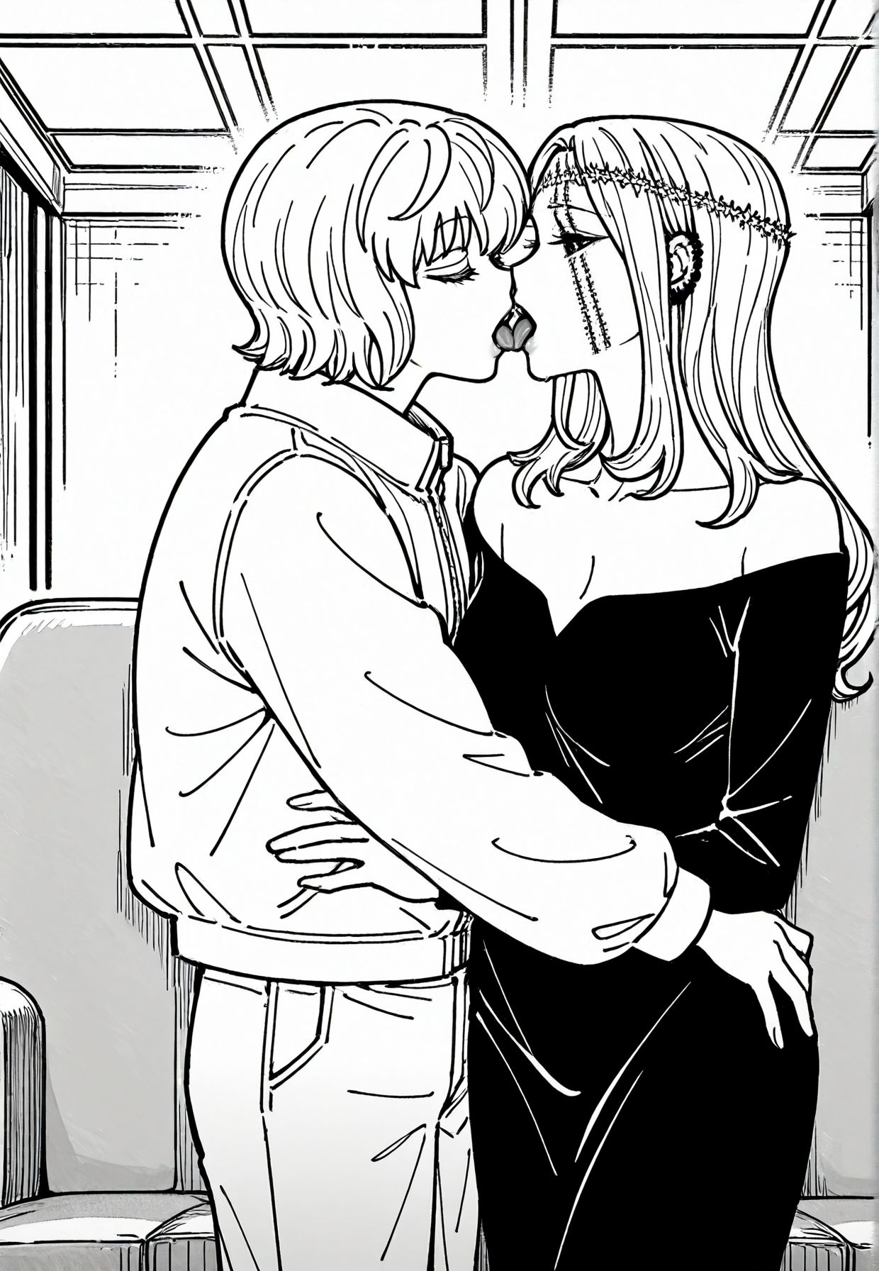 masterpiece,best quality,amazing quality,very aesthetic,absurdres,newest, huge filesize,
<lora:spo_sdxl_10ep_4k-data_lora_webui:0.5>,
<lora:add-detail-xl:1> hunter x hunter, official art, 
cute face, french kiss, 2girls, french kiss, closed eyes, enjoy,tongue out, 
black dress,
<lora:HUNTERHUNTER___Morena_____borksen:1>Morena,
h_Morena
mature female, 
monochrome,greyscale,
long hair,looking at viewer,
scar,piercing,
smile,stitches,
ear piercing,
ollarbone,full body,
BREAK
greyscale,
solo,monochrome,
1girl,short hair,long sleeves,
pants,jacket,
cowboy shot,indoors,
bangs,couch,h_borksen,