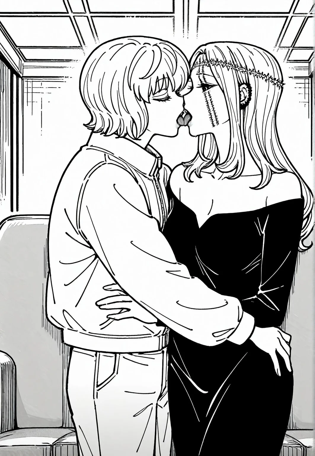 masterpiece,best quality,amazing quality,very aesthetic,absurdres,newest, huge filesize,
<lora:spo_sdxl_10ep_4k-data_lora_webui:0.5>,
<lora:add-detail-xl:1> hunter x hunter, official art,
cute face, french kiss, 2girls, french kiss, closed eyes, enjoy,tongue out,
black dress,
<lora:HUNTERHUNTER___Morena_____borksen:1>Morena,
h_Morena
mature female,
monochrome,greyscale,
long hair,looking at viewer,
scar,piercing,
smile,stitches,
ear piercing,
ollarbone,full body,
BREAK
greyscale,
solo,monochrome,
1girl,short hair,long sleeves,
pants,jacket,
cowboy shot,indoors,
bangs,couch,h_borksen,