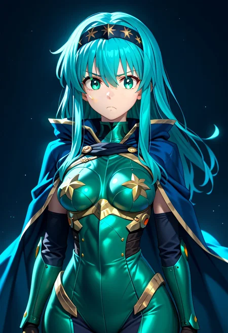 score_9, score_8_up, score_7_up, ((solo)), calm, pout, closed mouth, 1girl, solo, (medium breasts, thin waist, wide hips), peaceful, closed mouth, adult, (((eirika face))), (((cyan hair, cyan eyes))), ((long hair, hair between eyes)), (((indigo cape, metal headband, green metal_uniform, metal breast_armor))), no background, dark background, cowboy shot, dark background, portrait, Expressiveh,