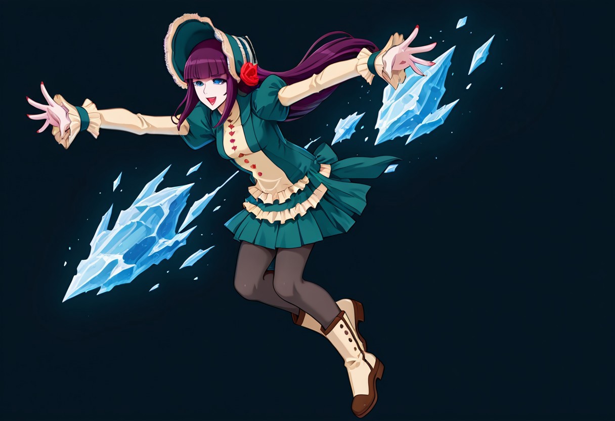 score_9,score_8_up,score_7_up,source_anime,5_figner,2d_animation,game cg,BREKE,1girl,solo,
Loretta Lecarde,purple hair,blunt bangs,hime cut,blue eyes,long hair,red lips.ltfashion,bonnet,pantyhose,red rose,dress,mini skirt,puffy sleeves,button,
small breasts,smile,nail polish,boots,
Magic,crystal,ice,flying,outstretched arms,openmouth,
black background,
masterpiece,best qualit,ultra-detailed,illustration,an extremely delicate and beautiful,beautiful detailed eyes,unity 8k wallpaper,high resolution,anime CG,official_art,