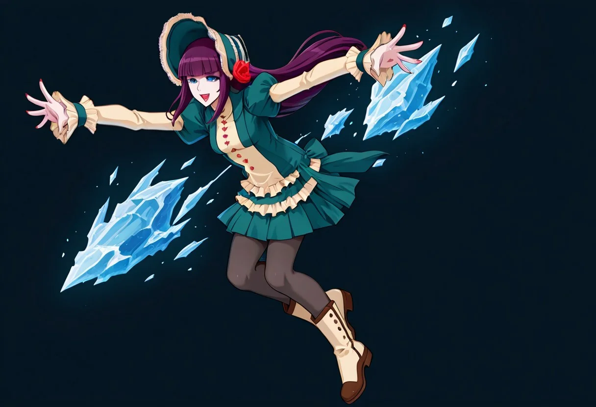 score_9,score_8_up,score_7_up,source_anime,5_figner,2d_animation,game cg,BREKE,1girl,solo,
Loretta Lecarde,purple hair,blunt bangs,hime cut,blue eyes,long hair,red lips.ltfashion,bonnet,pantyhose,red rose,dress,mini skirt,puffy sleeves,button,
small breasts,smile,nail polish,boots,
Magic,crystal,ice,flying,outstretched arms,openmouth,
black background,
masterpiece,best qualit,ultra-detailed,illustration,an extremely delicate and beautiful,beautiful detailed eyes,unity 8k wallpaper,high resolution,anime CG,official_art,