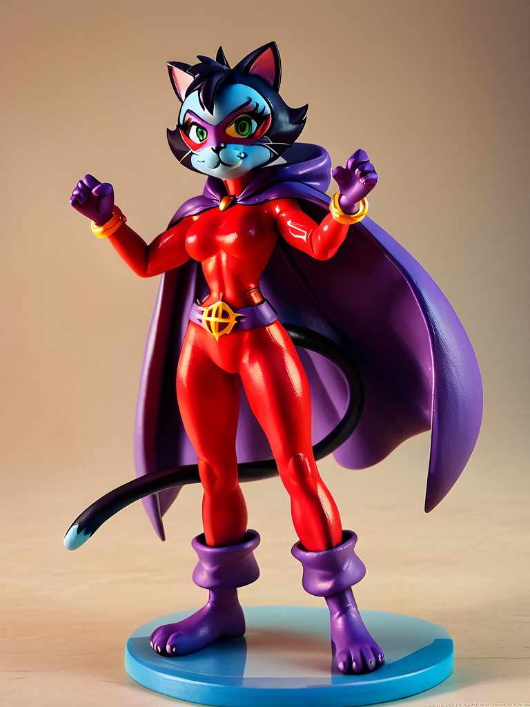 score_9, score_8_up, score_7_up, score_6_up, 1girl, fighting stance, cute pose, looking at viewer,
 <lora:AlleyKat_character:0.85>, Alleykat, cat ears, furry female, tail, short hair, black hair, colored skin, red bodysuit, waist belt, purple gloves, purple cape, purple mask, green eyes, bracelet, <lora:Anime_Figure_P1:0.85> figure