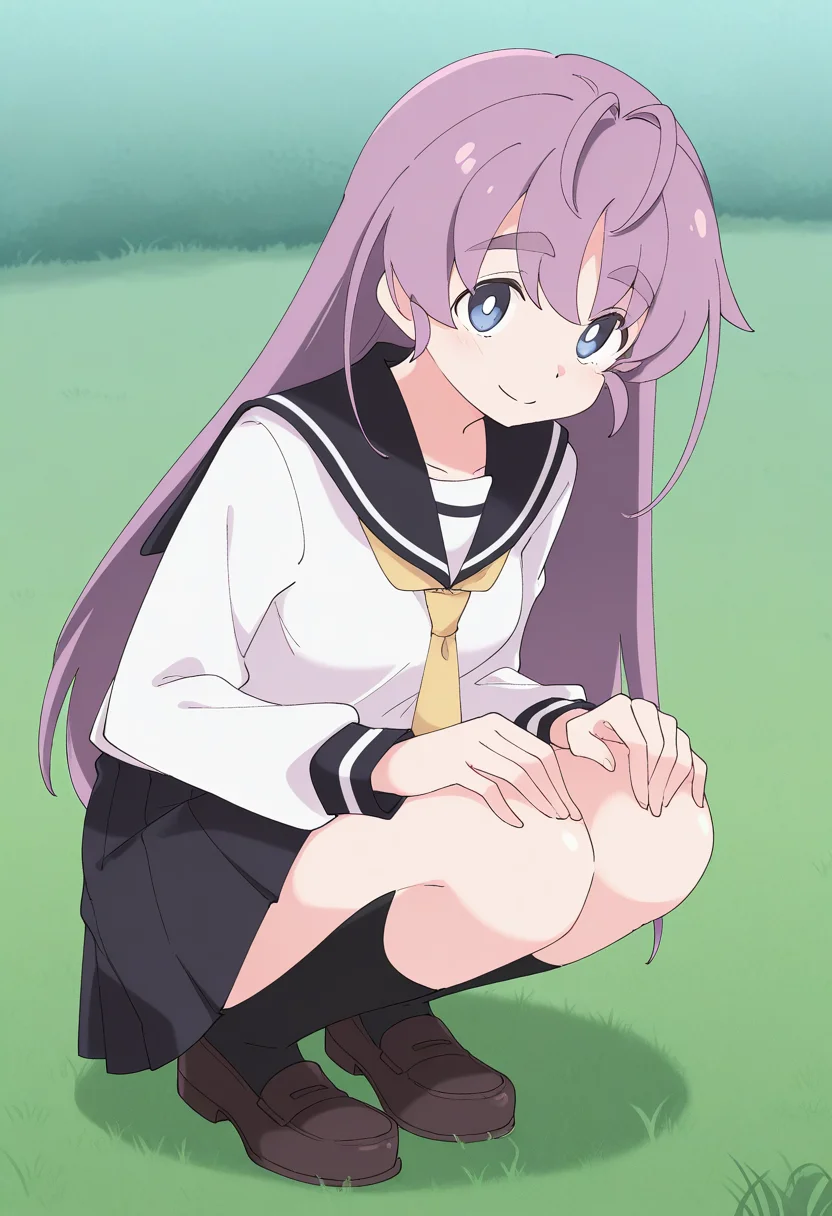 1girl, solo, rinlilustea, purple hair, long hair, ahoge, thick eyebrows, blue eyes, shirt, long sleeves, sailor collar, yellow necktie, skirt, black socks, loafers, school uniform, outdoors, grass, squatting, hands on knees, upper body, smile,