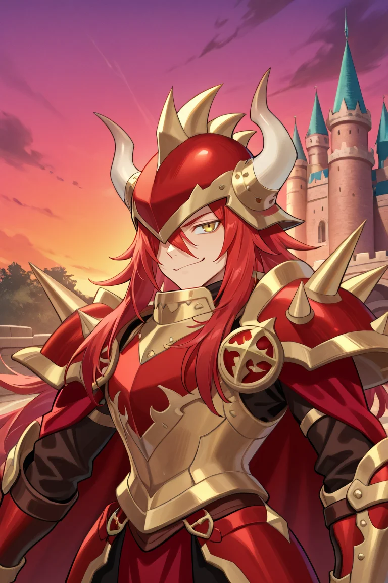 <lora:GulcasaIL:0.8> , guldef, (1boy), red hair, long hair, hair between eyes, yellow eyes, armor, full armor, spikes, shoulder armor, one eye covered, horned helmet, spiked helmet, horned headwear, shoulder spikes, cape, red cape, pauldrons, gauntlets, greaves, face, close-up, portrait, smile, smug, confident, looking at viewer, evening, castle, terrace, solo, masterpiece, very aesthetic, absurdres, best quality, amazing quality, high resolution, detailed background,  <lora:illustrious_quality_modifiers_masterpieces_v1:0.8> , <lora:ChamIllustriousBackgroundEnhancer:0.5>