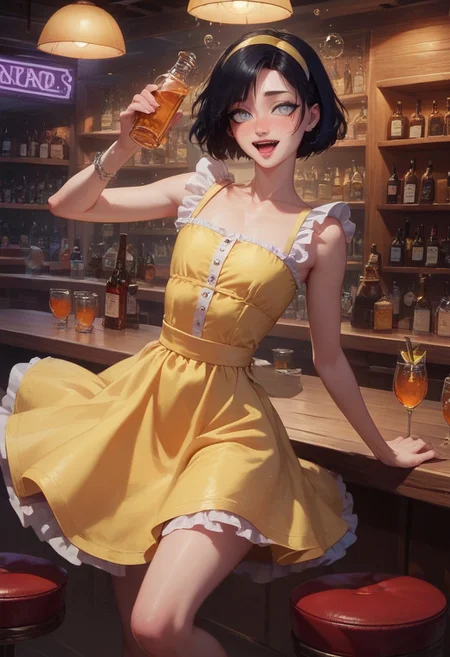 score_9, score_8_up, score_7_up, 1boy, femboy, otoko no ko, short hair, bob cut hair, black hair, grey eyes, gray eyes, feminine face, toned body, Shelly, cute sundress, yellow sundress, frills, bare shoulders, yellow hairband, bare neck, highly detailed, intricate, zzCitronCAT, drunk, dancing, crowded bar, outdoor bar, clear skies, sunny, sun, party, concept art, realistic