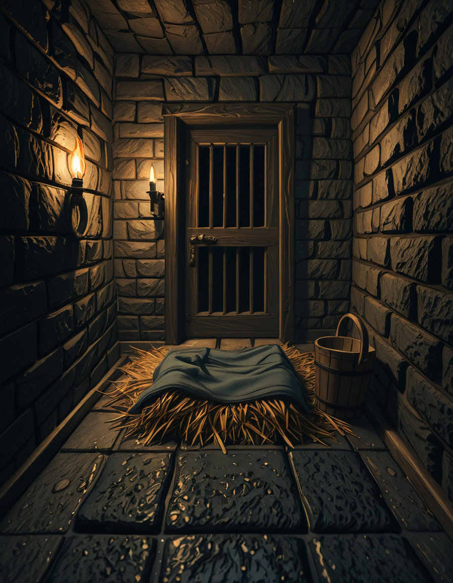 A hyper-realistic photo of a dark medieval dungeon cell inspired by Skyrim, with cold, damp stone walls covered in patches of moss and cracks. The floor is made of uneven cobblestones, partially wet with small puddles reflecting dim torchlight. An old, rusted iron-barred door is slightly ajar, casting long shadows on the ground. In the corner, a pile of straw serves as a makeshift bed, with a thin, tattered blanket thrown over it. Chains and shackles hang from the walls, showing signs of centuries of use. A small wooden bucket sits beside the bed, used as a primitive toilet. The atmosphere is heavy and oppressive, filled with a faint mist in the air. The only source of light comes from a single flickering torch mounted on the wall outside the cell, creating dramatic, warm orange glows contrasting with deep, cold shadows. The photo is taken from a slightly low angle, as if from the perspective of someone crouched on the floor inside the cell, adding a sense of claustrophobia and confinement. Ultra-realistic textures, high detail, cinematic lighting, 4K quality.
<lora:SDXLFaeTastic2400:0.4> <lora:extremely_detailed:0.4> extremely detailed,,dungeon c3ll <lora:dungeon_c3ll-i:1>, Masterpiece,best quality,hi res,8k,hi res,8k,award winning,(sharp focus, intricate, highly detailed),