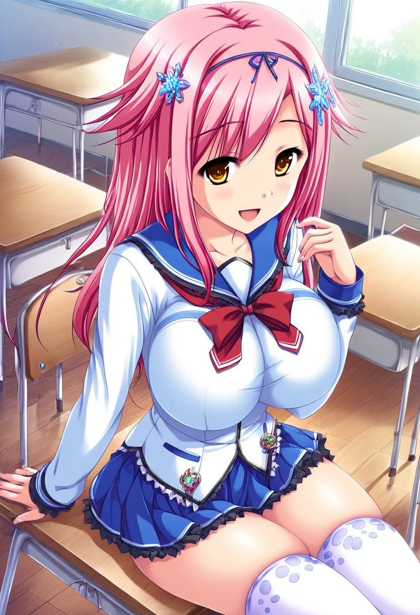 masterpiece, absurdes, highly detailed, highres, high quality, best quality, score_9_up, score_8_up, score_7_up, 2D, anime_source, source_anime, high resolution, detailed face, best quality, detailed eyes, High-resolution portrait, sharp detail, masterpiece, anime style, cowboy shot, rare view, looking at viewer, dutch angle, high angle shot,
Break,
1girl, Megumino Mashiro, solo, solo focus, Kemonomimi hair, pink hair, long hair, hair parted to side, side hair, amber eyes, tarame eyes, breasts, large breasts, pale, slim, sexy, curvy, voluptuous, school uniform, long sleeves, blue and white sailor-style shirt, blue line across chest, blue line across breast, red tie, blue pleated miniskirt, thigh high white stockings, smile, open mouth, sitting, chair, student desk,
Break,
indoor, classroom setting, windows, day, natural lighting,
