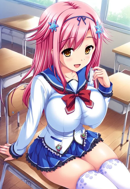 masterpiece, absurdes, highly detailed, highres, high quality, best quality, score_9_up, score_8_up, score_7_up, 2D, anime_source, source_anime, high resolution, detailed face, best quality, detailed eyes, High-resolution portrait, sharp detail, masterpiece, anime style, cowboy shot, rare view, looking at viewer, dutch angle, high angle shot,
Break,
1girl, Megumino Mashiro, solo, solo focus, Kemonomimi hair, pink hair, long hair, hair parted to side, side hair, amber eyes, tarame eyes, breasts, large breasts, pale, slim, sexy, curvy, voluptuous, school uniform, long sleeves, blue and white sailor-style shirt, blue line across chest, blue line across breast, red tie, blue pleated miniskirt, thigh high white stockings, smile, open mouth, sitting, chair, student desk,
Break,
indoor, classroom setting, windows, day, natural lighting,