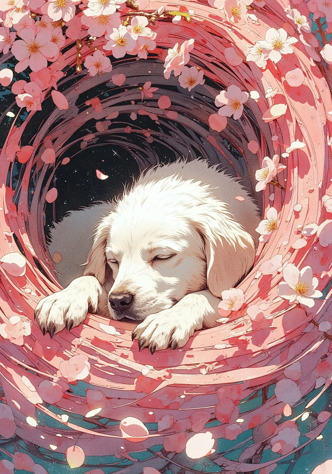 Paint a serene yet dynamic watercolor scene in the Flux art style, where a sleeping white dog is fully nestled within a swirling vortex of cherry blossom petals. The dog’s body, rendered in soft, muted washes of snow-white and ivory, is half-buried under cascading layers of petals that pile like delicate snowdrifts. Use bold, sweeping strokes to create a sense of motion, as if the petals are alive—curling around the dog’s paws, clinging to its fluffy coat, and dissolving into loose, abstract splatters of pink, pearl-white, and blush. Highlight the contrast between the dog’s tranquil posture and the chaotic energy of the blossoms, with petals rendered in translucent, overlapping layers that deepen into coral and magenta near the edges. Add flecks of metallic gold ink to suggest sunlight glinting through the floral storm, while preserving the Flux style’s raw, textured spontaneity. For the background, blur into watery gradients of slate blue and moss green, evoking a windswept garden where blossoms spiral endlessly toward the sky.