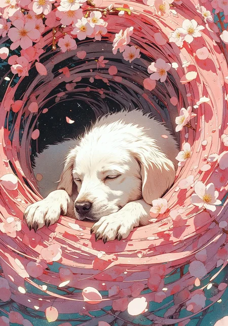 Paint a serene yet dynamic watercolor scene in the Flux art style, where a sleeping white dog is fully nestled within a swirling vortex of cherry blossom petals. The dog’s body, rendered in soft, muted washes of snow-white and ivory, is half-buried under cascading layers of petals that pile like delicate snowdrifts. Use bold, sweeping strokes to create a sense of motion, as if the petals are alive—curling around the dog’s paws, clinging to its fluffy coat, and dissolving into loose, abstract splatters of pink, pearl-white, and blush. Highlight the contrast between the dog’s tranquil posture and the chaotic energy of the blossoms, with petals rendered in translucent, overlapping layers that deepen into coral and magenta near the edges. Add flecks of metallic gold ink to suggest sunlight glinting through the floral storm, while preserving the Flux style’s raw, textured spontaneity. For the background, blur into watery gradients of slate blue and moss green, evoking a windswept garden where blossoms spiral endlessly toward the sky.