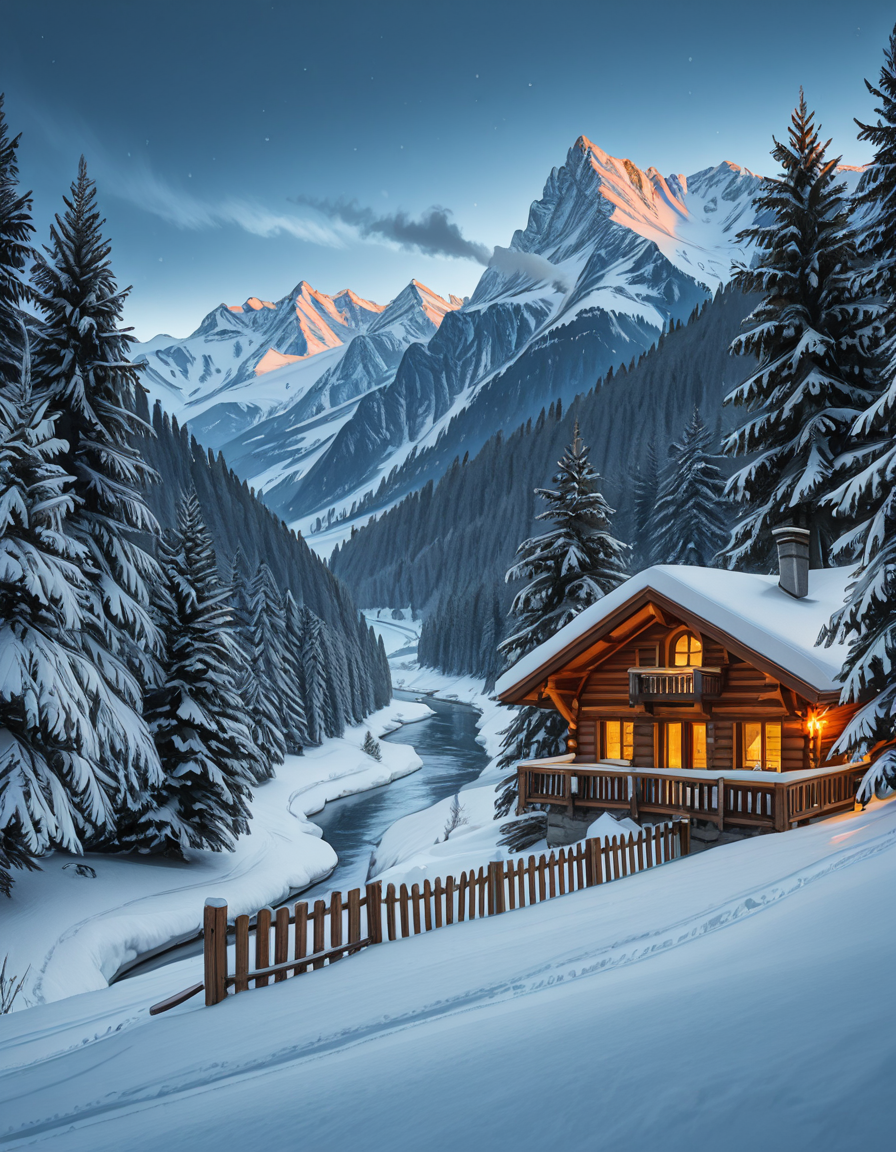 A stunning winter scene in the Tyrol region of Austria. A charming wooden chalet with traditional alpine architecture stands on a gentle snow-covered slope, surrounded by dense evergreen forests blanketed in fresh snow. The chaletâs warm interior lights glow softly through its large windows, creating a cozy contrast against the cool twilight hues of the sky. A plume of smoke drifts from the chimney, hinting at a roaring fireplace inside. In the foreground, a small wooden fence is partially buried under the snow, while a frozen river winds through the valley, reflecting the moonlight. Towering, snow-capped peaks of the Austrian Alps dominate the background, adding a breathtaking sense of grandeur. Snowflakes gently fall, adding movement and depth to the peaceful, picturesque scene. The image is hyper-realistic, capturing the intricate textures of the wood, snow, and ice, with cinematic lighting that highlights the magical winter ambiance.
<lora:SDXLFaeTastic2400:0.4> <lora:extremely_detailed:0.4> extremely detailed,winter scene in the Tyr0l, <lora:winter_scene_in_the_Tyr0l-i:1>, Masterpiece,best quality,hi res,8k,hi res,8k,award winning,(sharp focus, intricate, highly detailed),