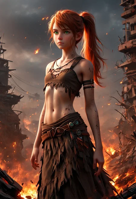 1woman, Masterpiece, 4k, ultra high detail, score_9, score_8_up, score_8, 21yo, small breast size, long red ponytail hair, fcNeg, stunning green eyes, freckles, white skin, small nose, innocent beauty, slim face, skinny body, perfect body, supermodel,
Dirty skin, ready to fight, never giving up,
Native Tribal clothes, Waterworld_clothes with long skirt_ripped_side,
Dark sky, burning sky, nighttime, night, burning skyscraper, destoyed skyline,
Apocalyptic scene, burning skyscraper, burning city, destroyed cars, Collapsing buildings,
End of the World,
negative_hand, NightScapes,