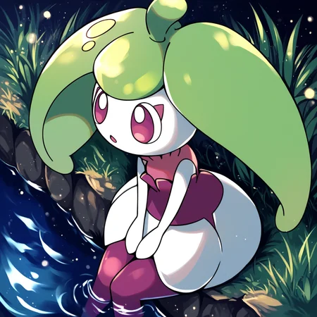 score_9_up, score_8_up, score_7_up, score_6_up, best quality, source_anime, black background, water, detailed background, grass, pond:1.2, night, BREAK 1girl, solo, steenee, pokemon, flora fauna, green hair, long hair, purple eyes, white head, purple dress, purple legs, white skirt, white arms, wide hips, parted lips, wet legs, sitting, from above, looking down:1.5, <lora:PDXL_Steenee_PKMN:1>