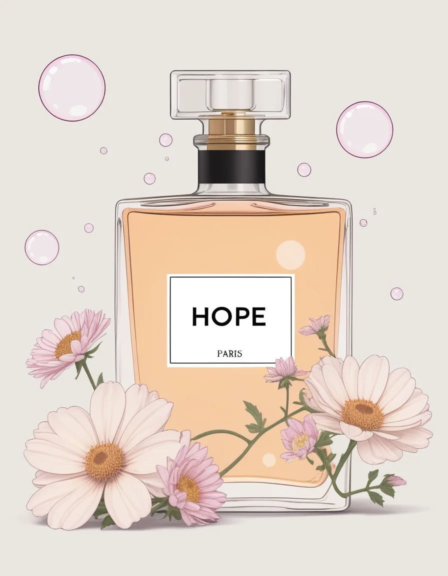 advertising illustration, some bubbles and flowers next to a complex perfume flacon with minimalistic text:"HOPE paris" <lora:text:.5>