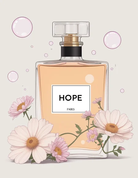 advertising illustration, some bubbles and flowers next to a complex perfume flacon with minimalistic text:"HOPE paris" <lora:text:.5>