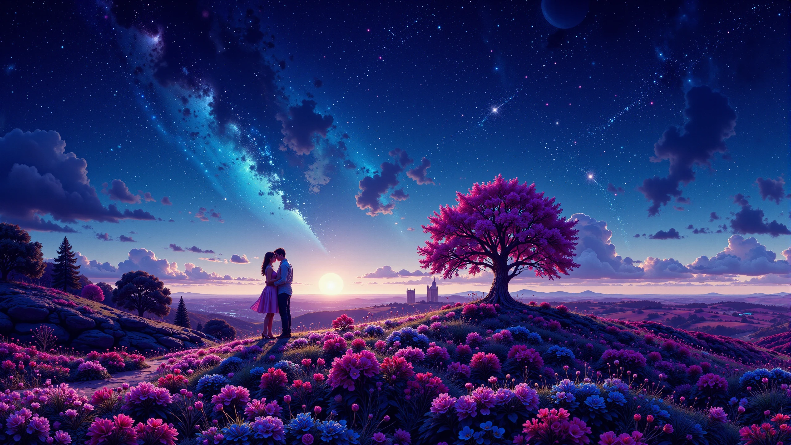 a couple of lovers in the distance  kissing in a lovely garden on Valentine's Day beautiful  landscape, bright luminous starry night, woman, very intricate, very detailed, sharp, bright, colorful, <lora:Hand v2:0.5> <lora:Anti-Blur:1><lora:Insane Detail Slider:0.25>  <lora:flux.1_lora_flyway_Epic-detail_v2:0.3> <lora:fluxenhancer:0.25> <lora:ck-Neon-Retrowave:0.4> ck-rw, in the style of ck-rw,  <lora:Neurocore Anime Cyberpunk:0.8> A digital artwork in the style of cknc