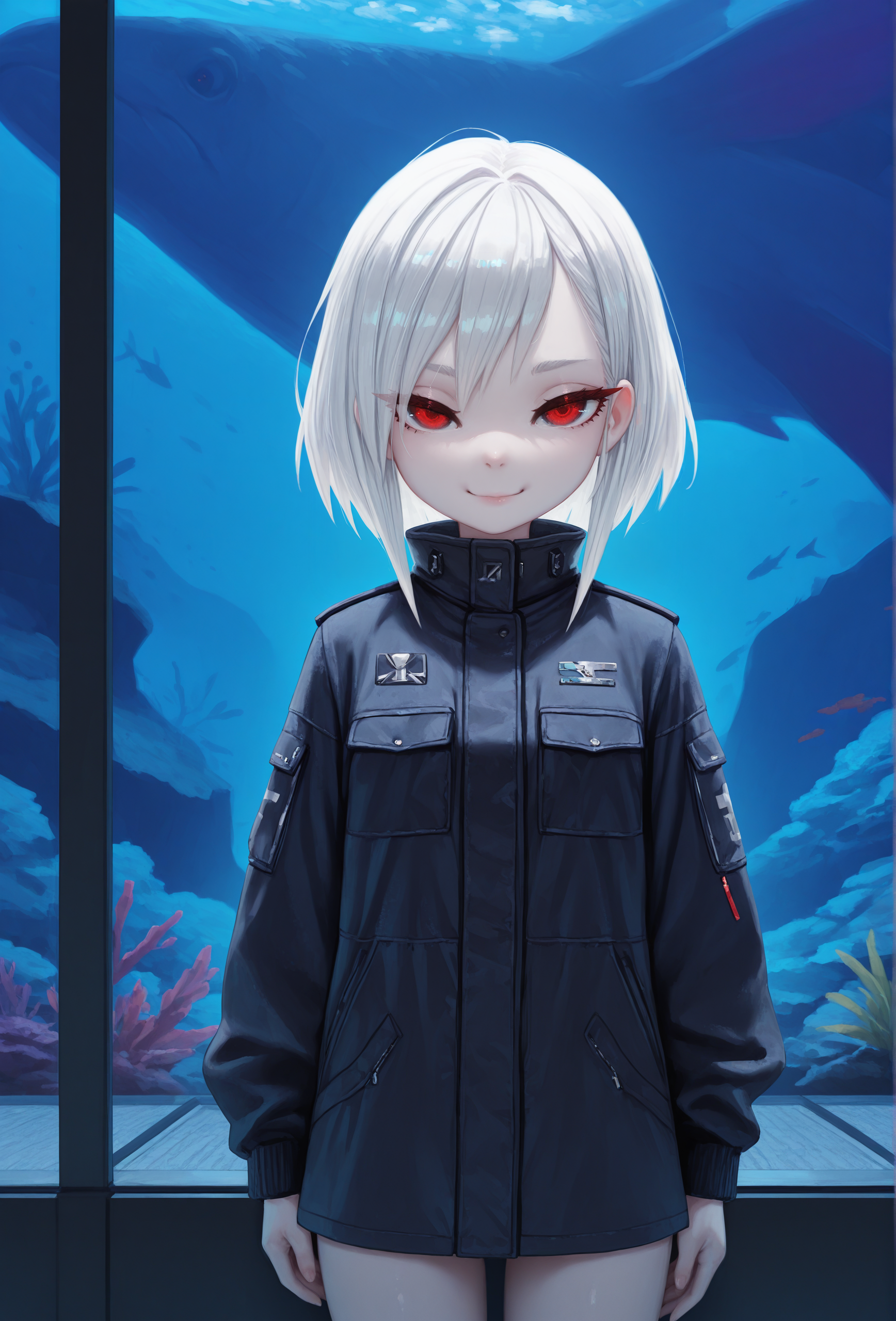 (masterpiece, best quality, very aesthetic, absurdres:1.2), 1girl, science fiction, aquarium, pale skin, white hair, straight-on, jacket, looking at viewer, smile, <lora:Fizrot_style_illustrious_v1:1> fzrtstyle