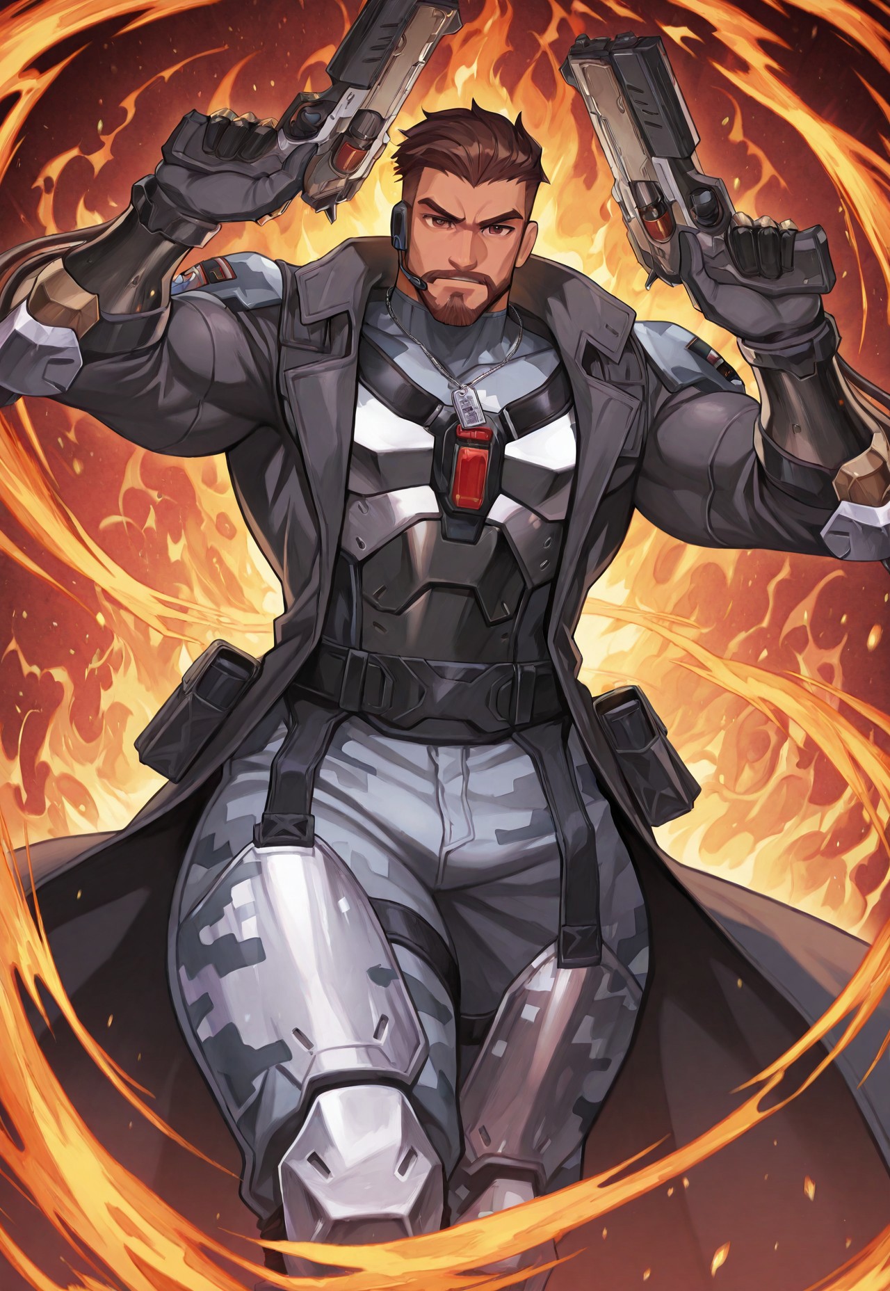 anime, source_anime, animification, fanart, reaper \(soldier: 24\) \(overwatch)\, 1boy, bara, muscular, dark skin, short hair, brown hair, brown eyes, detailed eyes, undercut, beard, muscular male, large pectorals, broad shoulders, small waist, wide hips, thick thighs, curvy man, armor, gloves, dogtag, earphone, gray camouflage top, trench coat, long sleeves, gauntlet, dynamic pose, holding double guns, shooting with double guns, fire, looking at viewer, abstract background, modern apartement, best quality, absurdres, newest, perfect quality, detailed background, intricate details, anime, source_anime, animification
