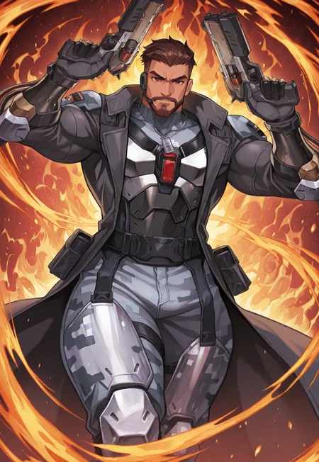 anime, source_anime, animification, fanart, reaper \(soldier: 24\) \(overwatch)\, 1boy, bara, muscular, dark skin, short hair, brown hair, brown eyes, detailed eyes, undercut, beard, muscular male, large pectorals, broad shoulders, small waist, wide hips, thick thighs, curvy man, armor, gloves, dogtag, earphone, gray camouflage top, trench coat, long sleeves, gauntlet, dynamic pose, holding double guns, shooting with double guns, fire, looking at viewer, abstract background, modern apartement, best quality, absurdres, newest, perfect quality, detailed background, intricate details, anime, source_anime, animification