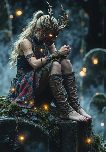 Studio Ghibli Dark Fairytale, A seated three-quarter view of a busty demon-elf girl, her arms wrapped protectively around her knees as she crouches atop a moss-covered gravestone, half-shrouded in fog. Her face is entirely hidden behind Majora’s Mask—vivid, heart-shaped, and carved from ancient wood—clinging to her like a possessed relic. The haunting colors of the mask shimmer faintly in the moonlight, while deep shadows swallow half her form. Her golden-blonde hair, tied in a regal high ponytail with a sapphire-adorned ribbon, spills down her back in elegant waves, strands caught mid-motion like echoes of a forgotten melody. Crimson skin glows faintly where moonlight touches it, revealing elven features beneath the demonic surface—freckles, refined collarbones, and a faint celestial shimmer beneath her fur mantle. A crooked porcelain fox mask hangs loosely from one horn, a secondary relic, cracked and ink-stained. Her long lashes peek from behind the mask, eyes gently closed as if listening to a distant song only she can hear.  A royal collar of deep blue silk embroidered with golden thread peeks from beneath her mantle, hinting at a fallen lineage. Her sharp claws press into her pale calves, and a faint, ghostly mist coils around her ankles. The forest surrounding her whispers with unseen spirits. Moody, cinematic lighting sculpts her silhouette with eerie softness, casting ethereal halos across the mask and her storm-tossed form. 
