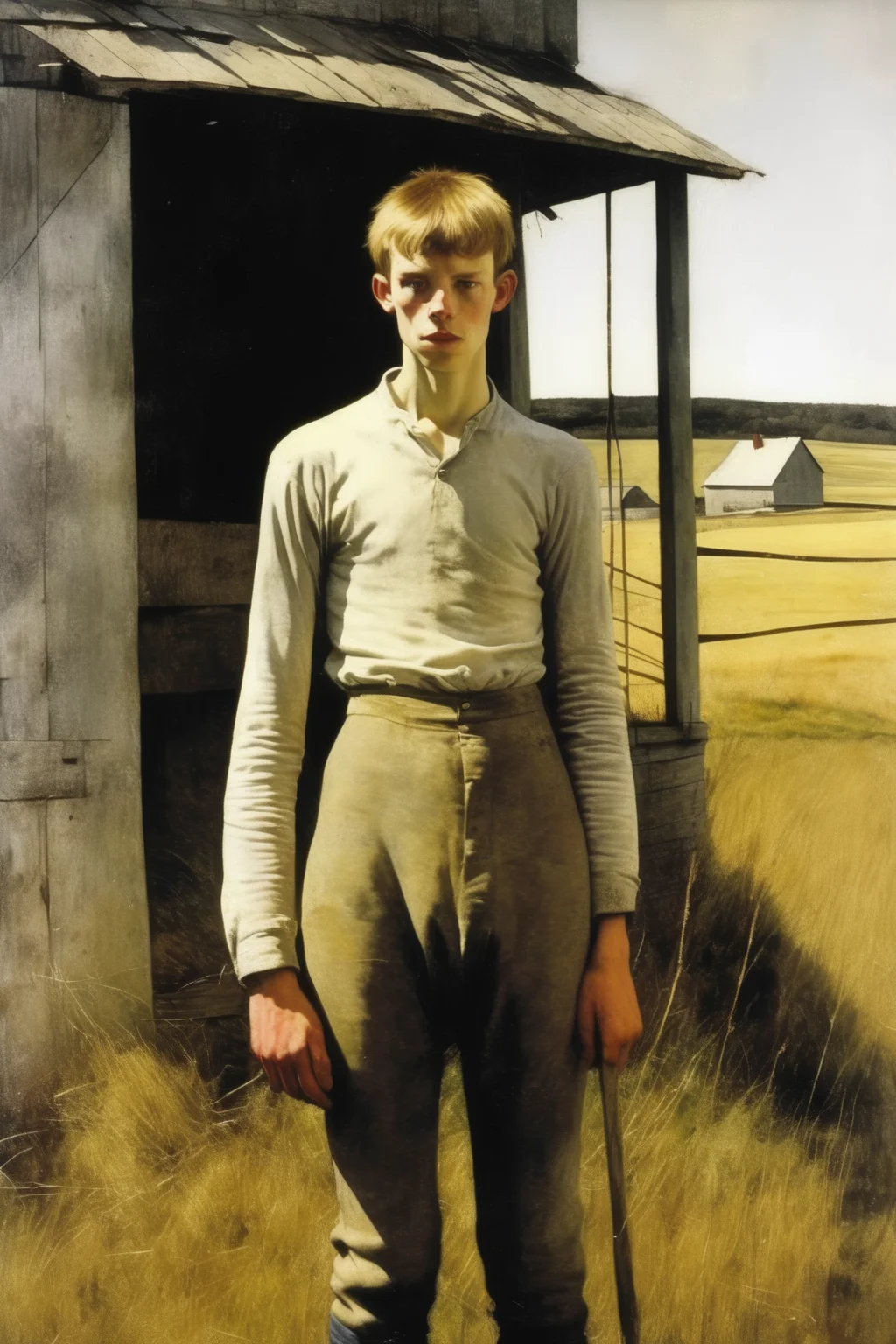<lora:Andrew Wyeth Style:1>Andrew Wyeth Style - an image of a young man on a farm