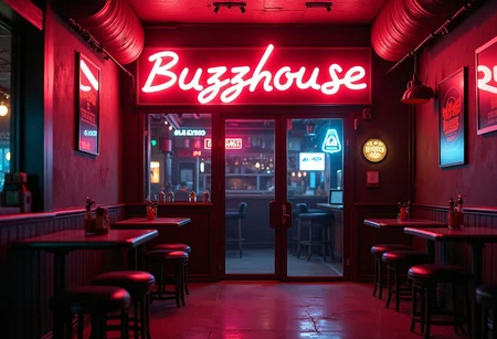 Entry of a pub with a neon sign "Buzzhouse" in a cyberpunk enviroment