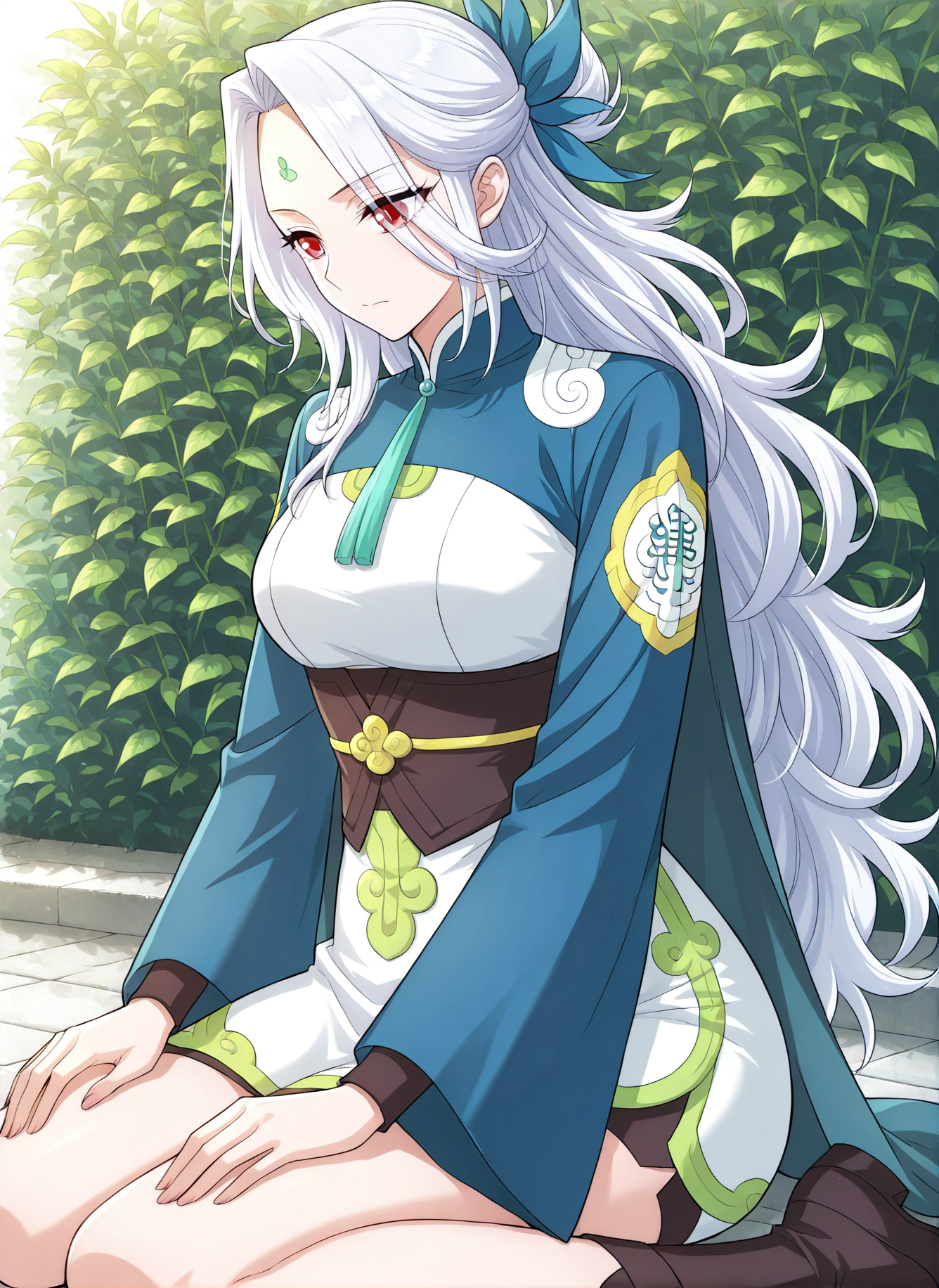 <lora:Yao_Ling__Battle_Through_the_Heavens__Illustrious:1>
1 girl, solo, long white hair, wavy hair, side ponytail with bow, half updo, red eyes, forehead mark, one hair strand sticking up, anime style, 
chinese dress, short dress, blue and white dress, lime green accents, high slit dress, long wide sleeves, blue sleeves, dark waist corset, emblem on sleeve, decorated dress hem, cape-like cloth behind, ornamental design, blue ribbon hair accessory, 
score_9, score_8_up, score_7_up, masterpiece, best quality, absurdres, perfect anatomy, 1girl, solo, wariza, sitting, hands on own knees, garden background