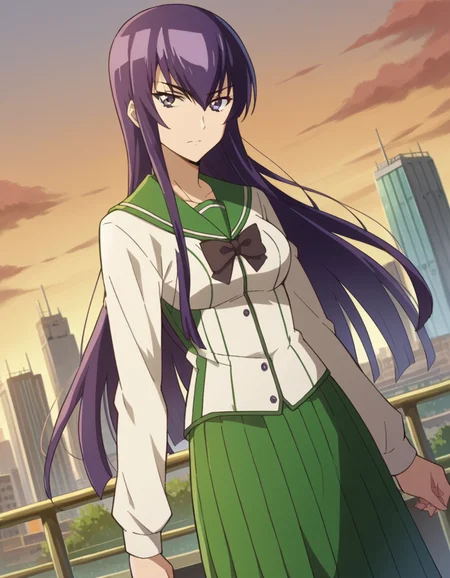 score_9, score_8_up, score_7_up, source_anime,
saekobusujima, <lora:saeko-busujima-ponyxl-lora-nochekaiser:1>,
saeko busujima, long hair, purple hair, purple eyes, hair between eyes,
skirt, long sleeves, bow, school uniform, serafuku, green skirt,
outdoors, cityscape, zombies, orange sky,
looking at viewer, dutch angle,