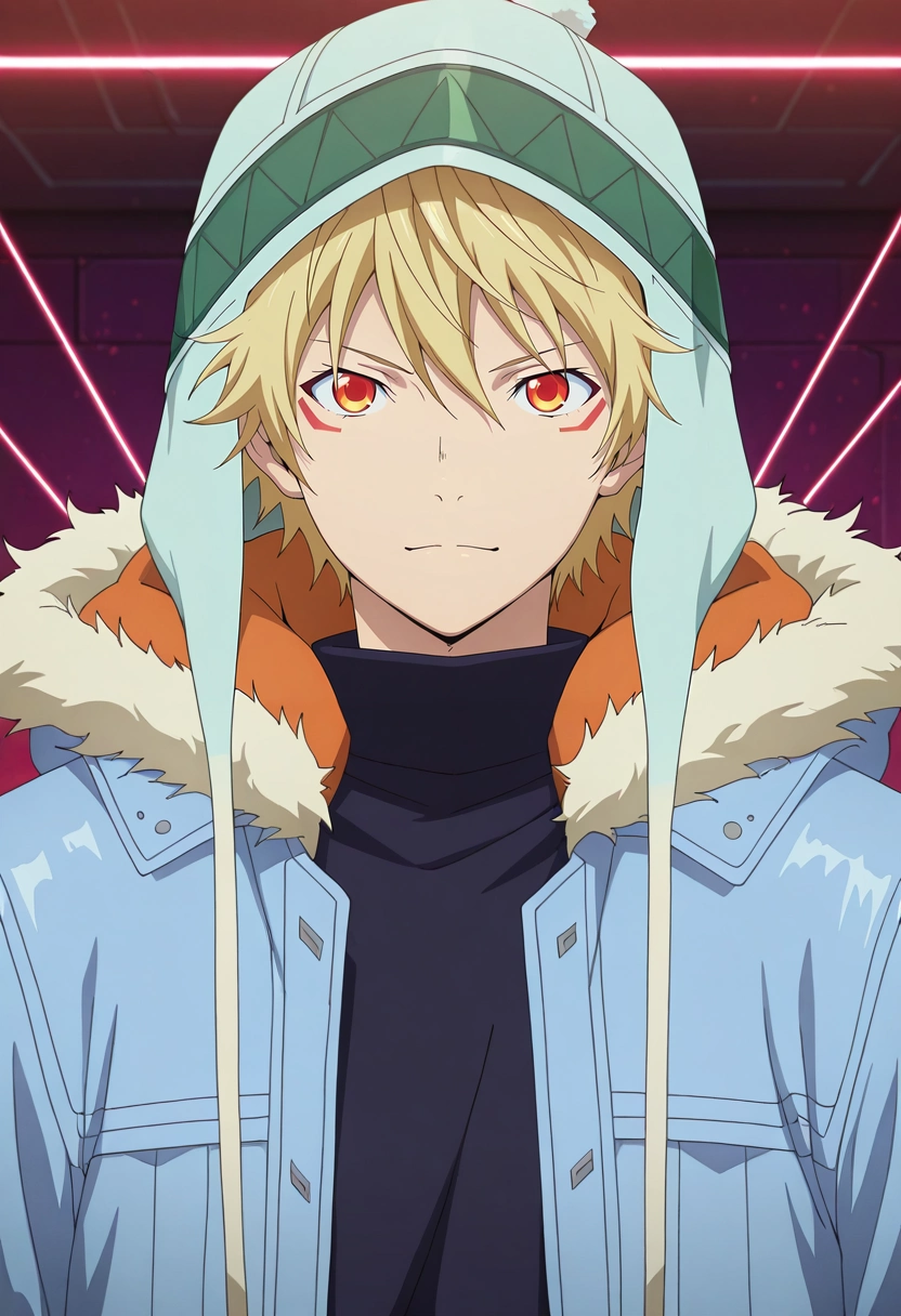 masterpiece, best quality, , anime screencap, anime coloring, official style, , 1boy, solo, male focus, <lora:yukine_noragami_ilxl:0.9>, yukine_noragami, blonde hair, red eyes, orange eyes, hood, fur trim, hat, futuristic bazaar, laser stalls, tech crafts, light pathways, trading pose, confident expression, cyberpunk vibes,