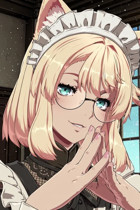 shiny skin, posing,
<lora:bridget.il:1>,
bridget,
glasses, cat ears,
twin braids,
maid costume, apron, headdress, frill, lace, see-through, fishnet halterneck,
indoors,
looking at viewer, smile, parted lips, hands together, hand to face, half-closed eyes,
upper body, head tilt, blush, light pink nail, light particles, dawn,