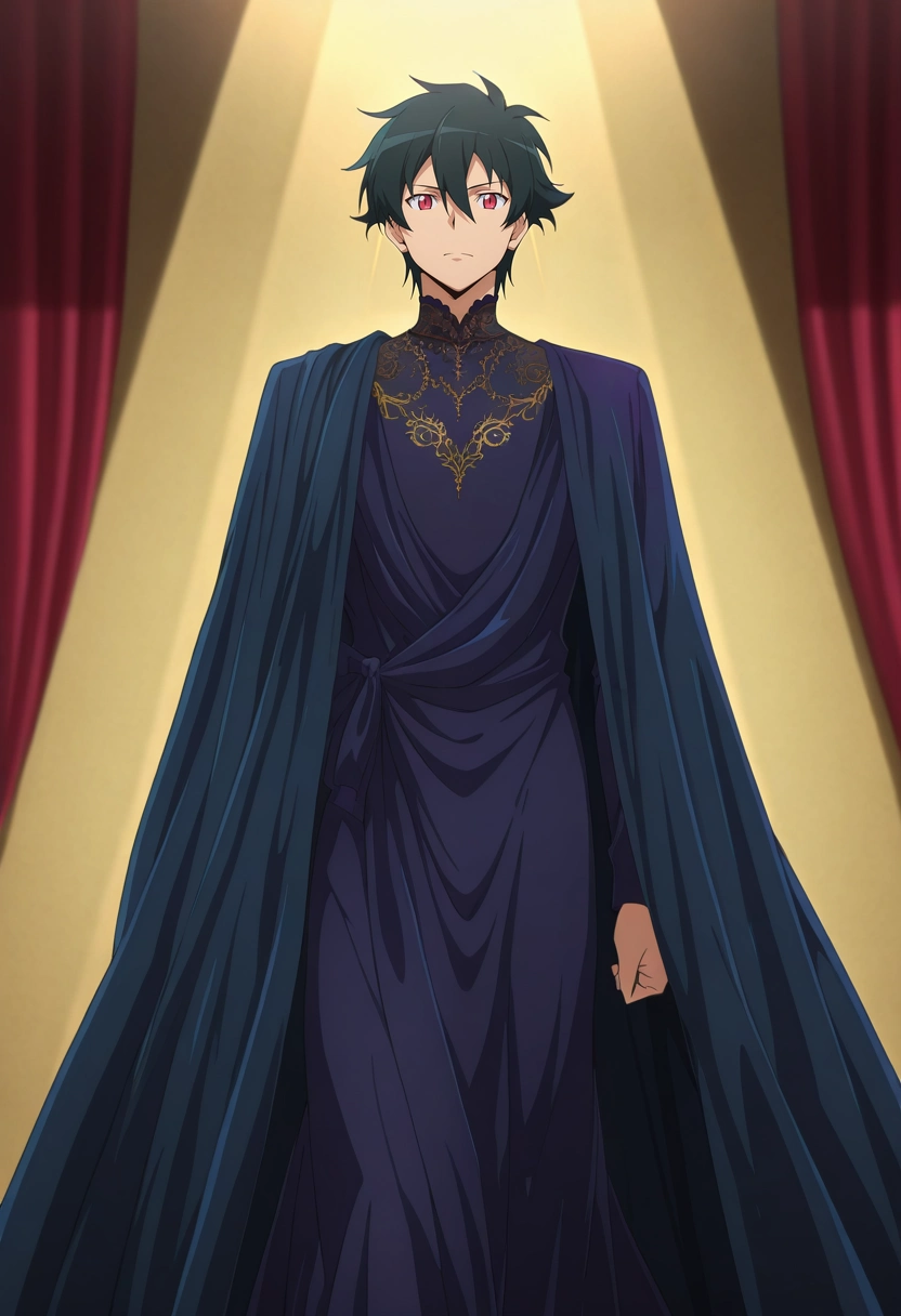 masterpiece, best quality, intricate details, anime screencap, anime coloring, official style, looking at viewer, 1boy, solo, male focus, <lora:sadao_maou_ilxl:0.96>, sadao_maou, black hair, red eyes, short hair, hair between eyes, fashion runway, spotlight beams, walking, flowing gown, focused expression, dramatic light,