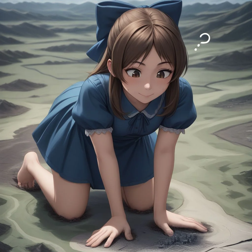 score_9, score_8_up, score_7_up, score_6_up, score_5_up, macro, giantess,( 1girl:1.5), solo, solo focus,
(tcbnarisu_AA,tachibana arisu, brown hair, brown eyes, long hair, bangs , blue dress,hair bow, bare legs, barefoot, all fours, crawling, looking down, curious, confused, smile:1.3),
(cute female, love:1.5), (shy:1.2), (curious:1.2), blushing, happy, 1girl, perfect feet, feet, looking down, long fingernails, long toenails, sweat, sweaty, very sweaty, (dirty feet, floating hearts:1.3),
extreme detail, realistic, realism, masterpiece, perfect lighting, bloom, cinematic lighting, highres, (ultra realistic, 32k, masterpiece:1.2), (high detailed skin:1.1), (high quality:1.1), bokeh, luminescent background, foreshortening, depth of field, low angle, from below, dutch angle,
sunny blue sky background, destruction, landscape dwarfing, cities, landscape, mass destruction, trail of destruction, green landscape, lush landscape, tiny world,