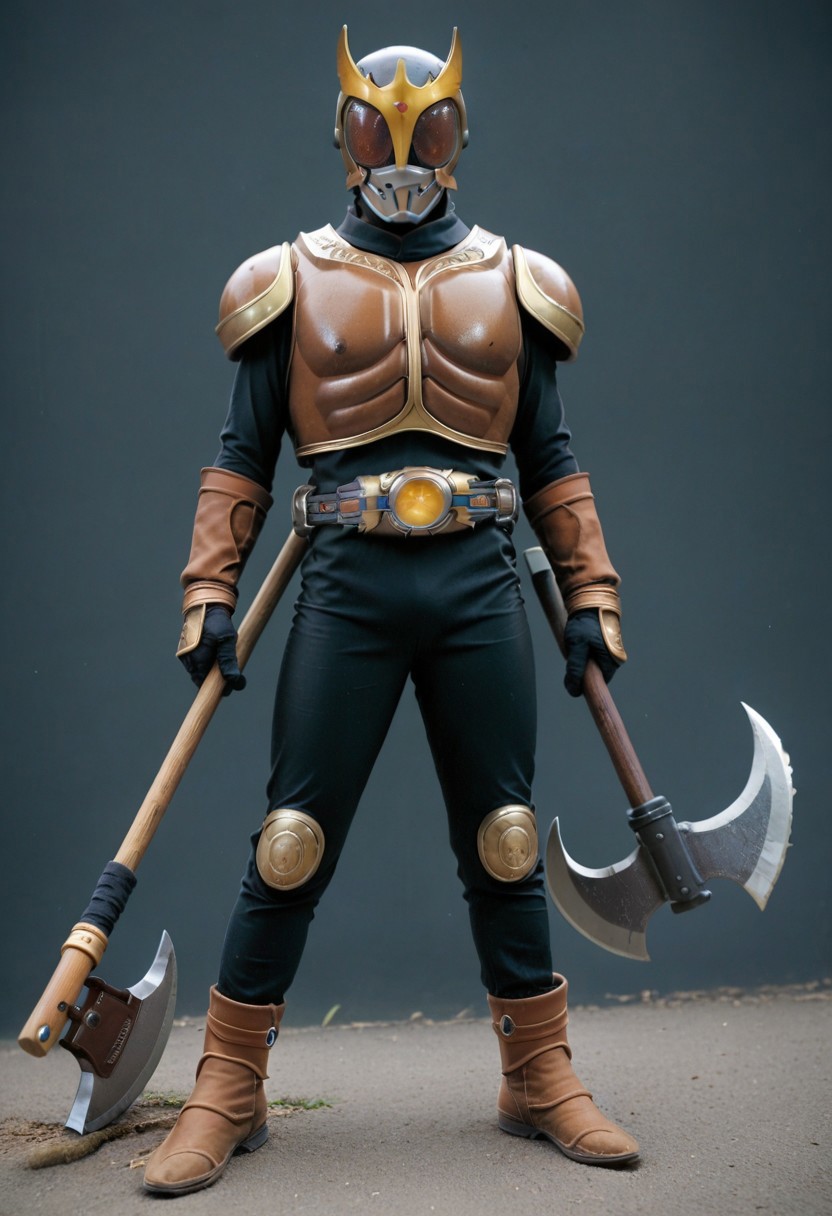 score_9, score_8, score_7, rising, full body, solo, Brown armor, black bodysuit, Brown eyes, axe, holding axe: helmet, tokusatsu, belt