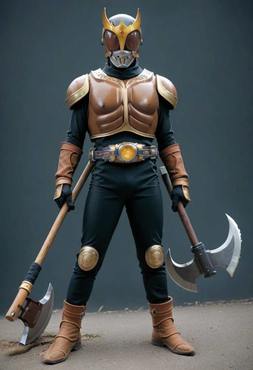 score_9, score_8, score_7, rising, full body, solo, Brown armor, black bodysuit, Brown eyes, axe, holding axe: helmet, tokusatsu, belt