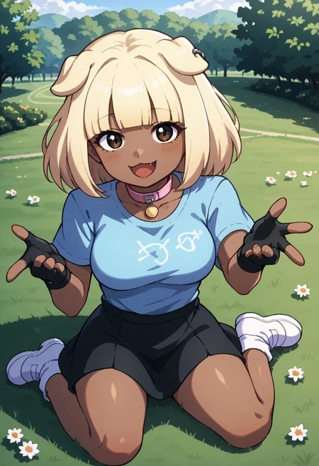 score_9, score_8_up, score_7_up, source anime,
masterpiece, best quality, detailed, amazing quality,
detailed background, bedroom, park, flowers,
detailed eyes, clean eyes,
dynamic pose, from above, sitting in grass,
1woman, woman,
easynegative,
doribun, blonde hair, medium hair, blunt bangs, dark skin, dog ears, Blue shirt, White symbol, black skirt, white socks, white shoes, fingerless gloves, black gloves, pink collar, happy,
beckoning, reaching towards viewer