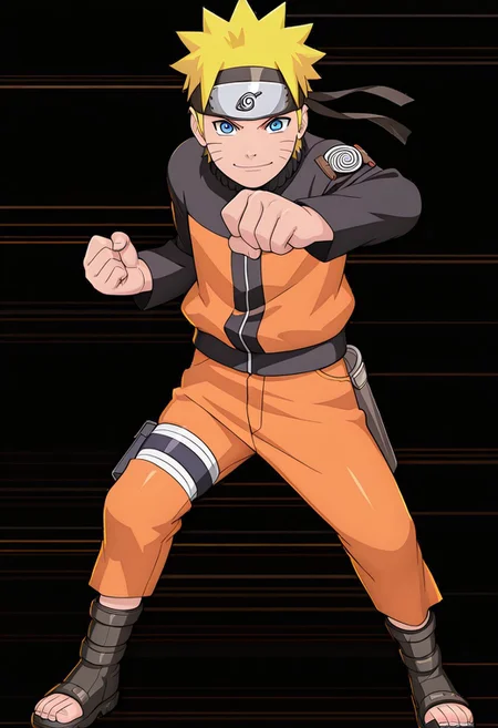 masterpiece, best quality, amazing quality, very aesthetic, absurdres, newest,shiny skin,, anime screenshot, anime coloring, xdive, Serious expression, nar1, uzumaki naruto, 1boy, short hair, blue eyes, blonde hair, whisker markings, forehead protector, jacket, multicolored clothes, pants, thigh strap, toeless footwear, Dagger in hand,, standing, Fighting pose, smile, full body, Black background,