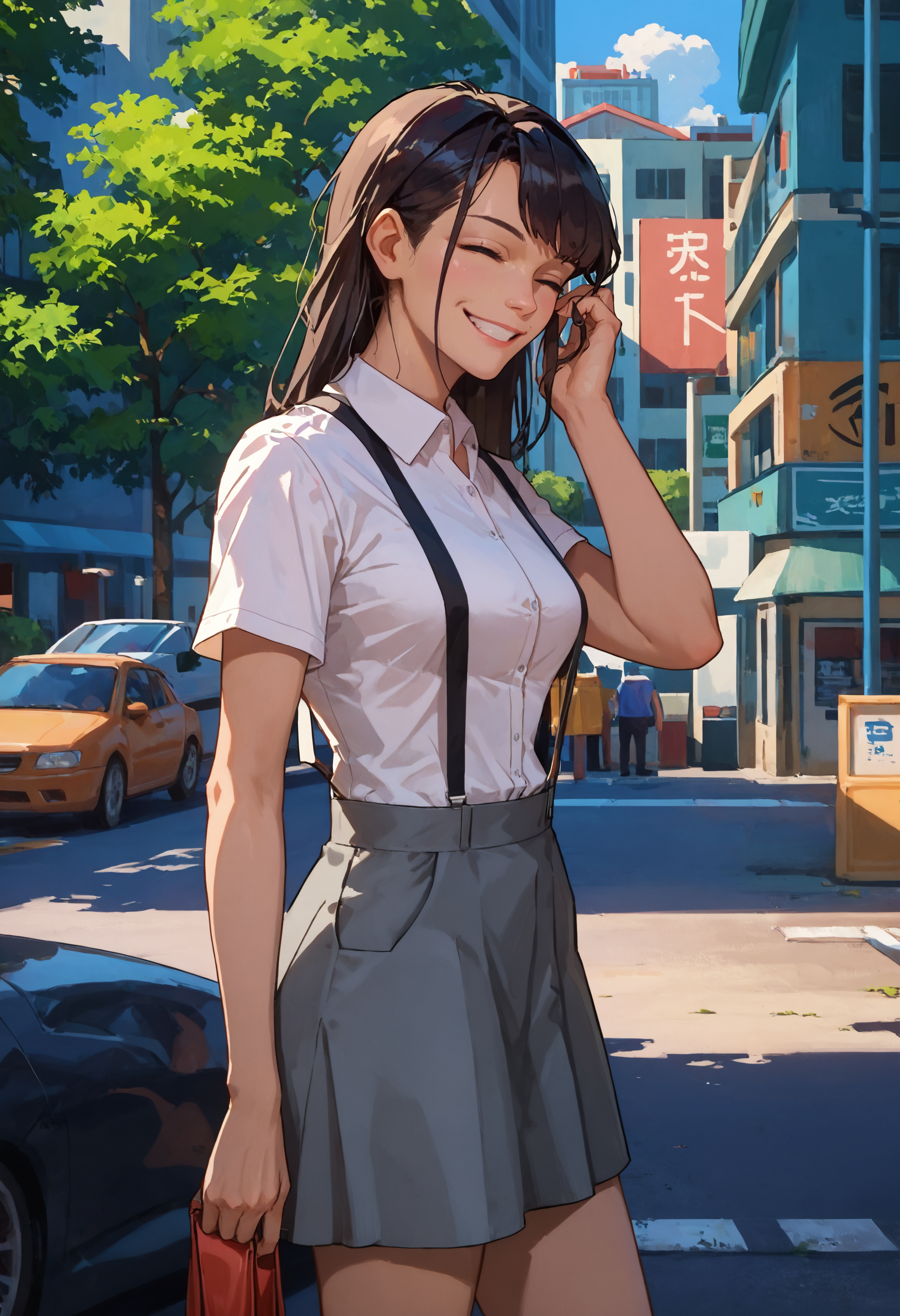 score_9, score_8_up, score_7_up, score_6_up, score_5_up, score_4_up, 1girl, street, suspender skirt, shirt, suspenders, grey skirt, grey suspenders, black hair, view from side, light smile, adjusting hair, 
 <lora:lostreak_chickenV2_epoch_6:1>