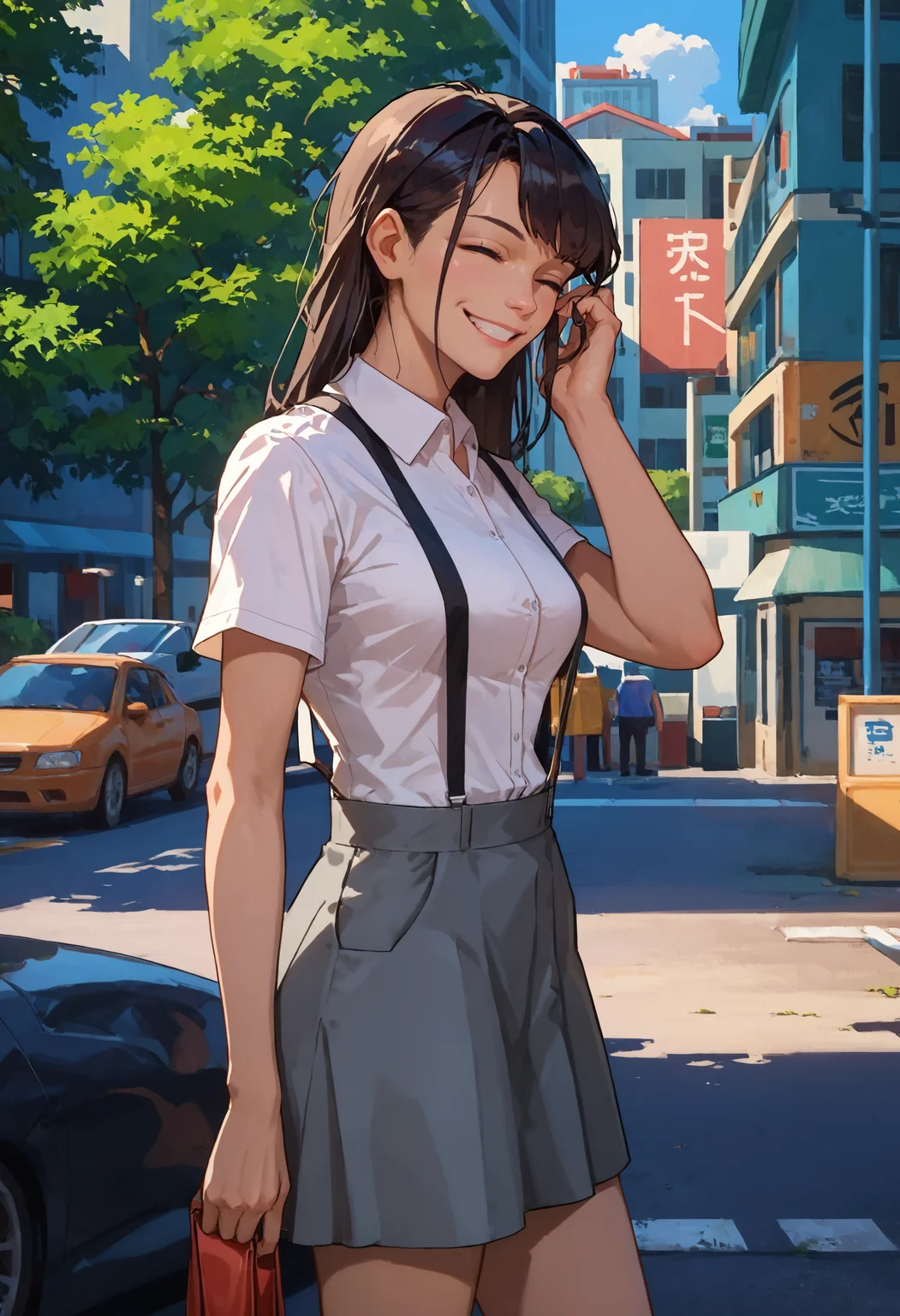 score_9, score_8_up, score_7_up, score_6_up, score_5_up, score_4_up, 1girl, street, suspender skirt, shirt, suspenders, grey skirt, grey suspenders, black hair, view from side, light smile, adjusting hair,
<lora:lostreak_chickenV2_epoch_6:1>