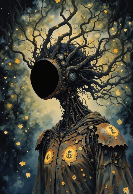 Studio Ghibli Dark Fairytale, intricate cyborg, Portrait of a female robotic entity with long, flowing hair made of twisted, gnarled branches, black hollow eerie head, no face, dark moody, eerie forest background, autumnal decay, golden leaves floating in the air,  
gothic steampunk influences, organic-mechanical fusion, glowing runes embedded in her wooden frame, delicate but unsettling presence, oil painting textures, cinematic lighting, deep shadows, warm but melancholic glow, mystery and sorrow intertwined