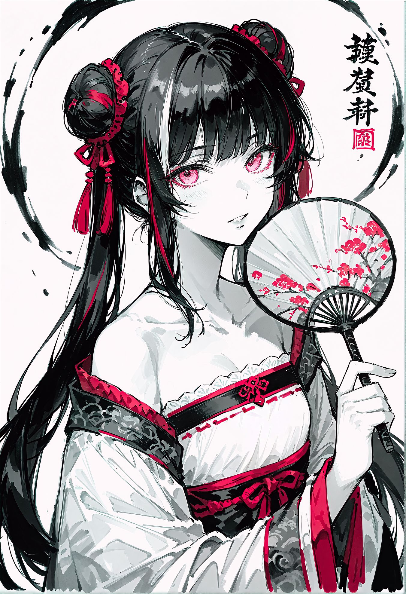 ink wash painting, traditional media, solo, JiaXichunLimbus, long hair, twintails, multicolored hair, black hair, white hair, streaked hair, double bun, pink eyes, looking at viewer,
chinese clothes, long sleeves, hanfu, holding, parted lips, qixiong ruqun, collarbone, (cleavage:0.45), bare shoulders, red hair, fan, holding fan, upper body, white background, 
jia xichun /(project_moon/),
monochrome, greyscale,
monochrome, greyscale, spot color, ink wash painting,
very aesthetic, absurdres, masterpiece, best quality, amazing quality
<lora:incase_v14:0.8> <lora:Smooth Anime Style LoRA XL:0.4> <lora:JiaXichun_Limbus:0.8>  <lora:748cmSDXL:0.65>
