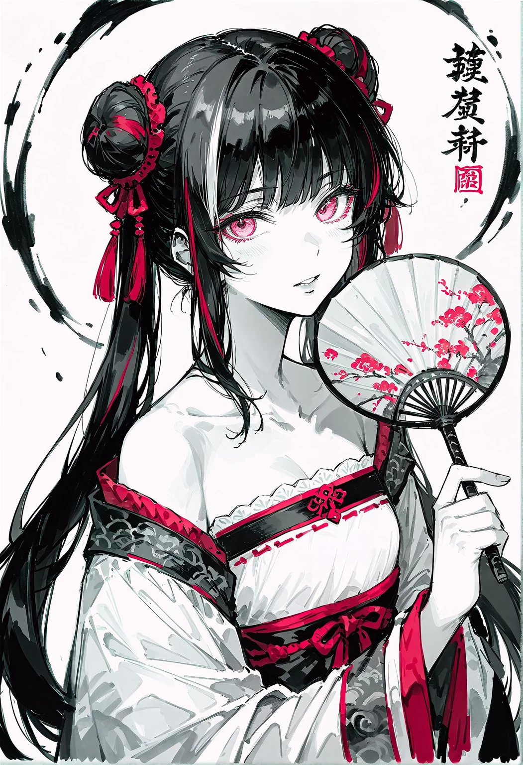 ink wash painting, traditional media, solo, JiaXichunLimbus, long hair, twintails, multicolored hair, black hair, white hair, streaked hair, double bun, pink eyes, looking at viewer,
chinese clothes, long sleeves, hanfu, holding, parted lips, qixiong ruqun, collarbone, (cleavage:0.45), bare shoulders, red hair, fan, holding fan, upper body, white background,
jia xichun /(project_moon/),
monochrome, greyscale,
monochrome, greyscale, spot color, ink wash painting,
very aesthetic, absurdres, masterpiece, best quality, amazing quality
<lora:incase_v14:0.8> <lora:Smooth Anime Style LoRA XL:0.4> <lora:JiaXichun_Limbus:0.8> <lora:748cmSDXL:0.65>