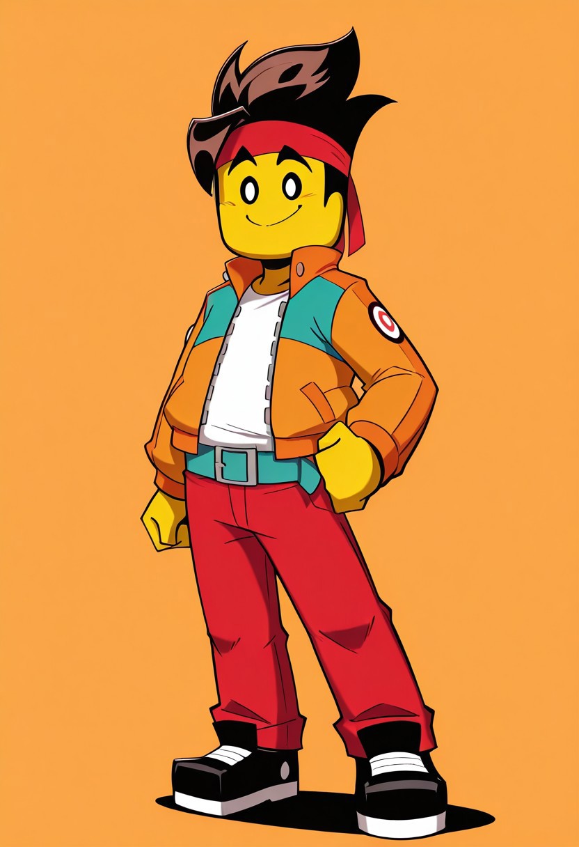 score_9, score_8_up, score_7_up, mkay, 1boy, solo, brown hair, yellow skin, headband, red headband, orange red and teal jacket, white shirt underneath, red pants, teal belt with silver buckle, black shoes, smile, looking at viewer