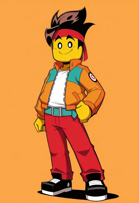 score_9, score_8_up, score_7_up, mkay, 1boy, solo, brown hair, yellow skin, headband, red headband, orange red and teal jacket, white shirt underneath, red pants, teal belt with silver buckle, black shoes, smile, looking at viewer