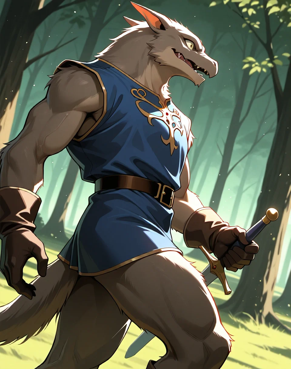<lora:Kobold_(Record_of_Lodoss_War)_(Illustrious)_(AD):0.85> kobold, muscular, Record of Lodoss War,
dutch angle, exterior, battleground, dynamic action, dutch angle, fantasy forest, nature landscape,
kobold soldier, no pants, fur tail, furry body, cowboy shot, sword, bent leg, twisted torso, male chest focus,
BREAKvery awe, aesthetically pleasing, masterpiece, best quality, amazing quality, very aesthetic, perfect depth of field shot, masterclass color theory, in'ei, gradient style coloring, source_anime, masterclass anime,
Smooth Quality, lazympos, IllustQualXL_Pos,