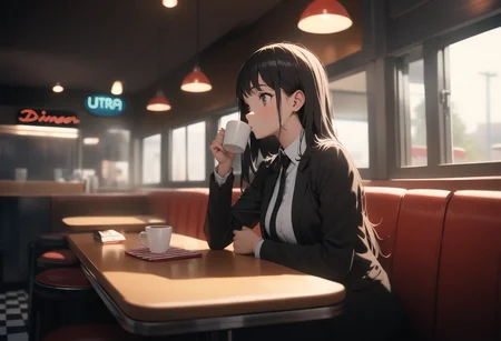 1girl, long hair, black hair, brown eyes, formal, business suit, white shirt, necktie, black jacket, holding cup, coffee mug, drinking, sitting, indoors, diner, table, chair, booth, window, <lora:Twin Peaks style:0.8> Twin Peaks style, depth of field, cinematic, (masterpiece), (best quality), (ultra-detailed), very aesthetic, perfect composition, intricate details, absurdres