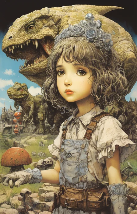 masterpiece,best quality,<lora:tbh275-sdxl:0.9>,illustration,style of William Stout,jurassic park, portrait of idolmaster cinderella girls,